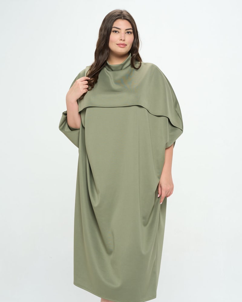 Front of a model wearing a size 1X Potter Cape Kaftan Midi Dress in Dark Sage by L I V D. | dia_product_style_image_id:241384